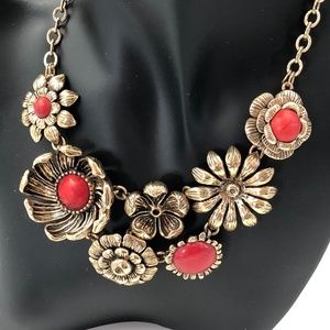 BARSE Necklace, Bracelet and Earrings, Antique Gold/ Red Stone